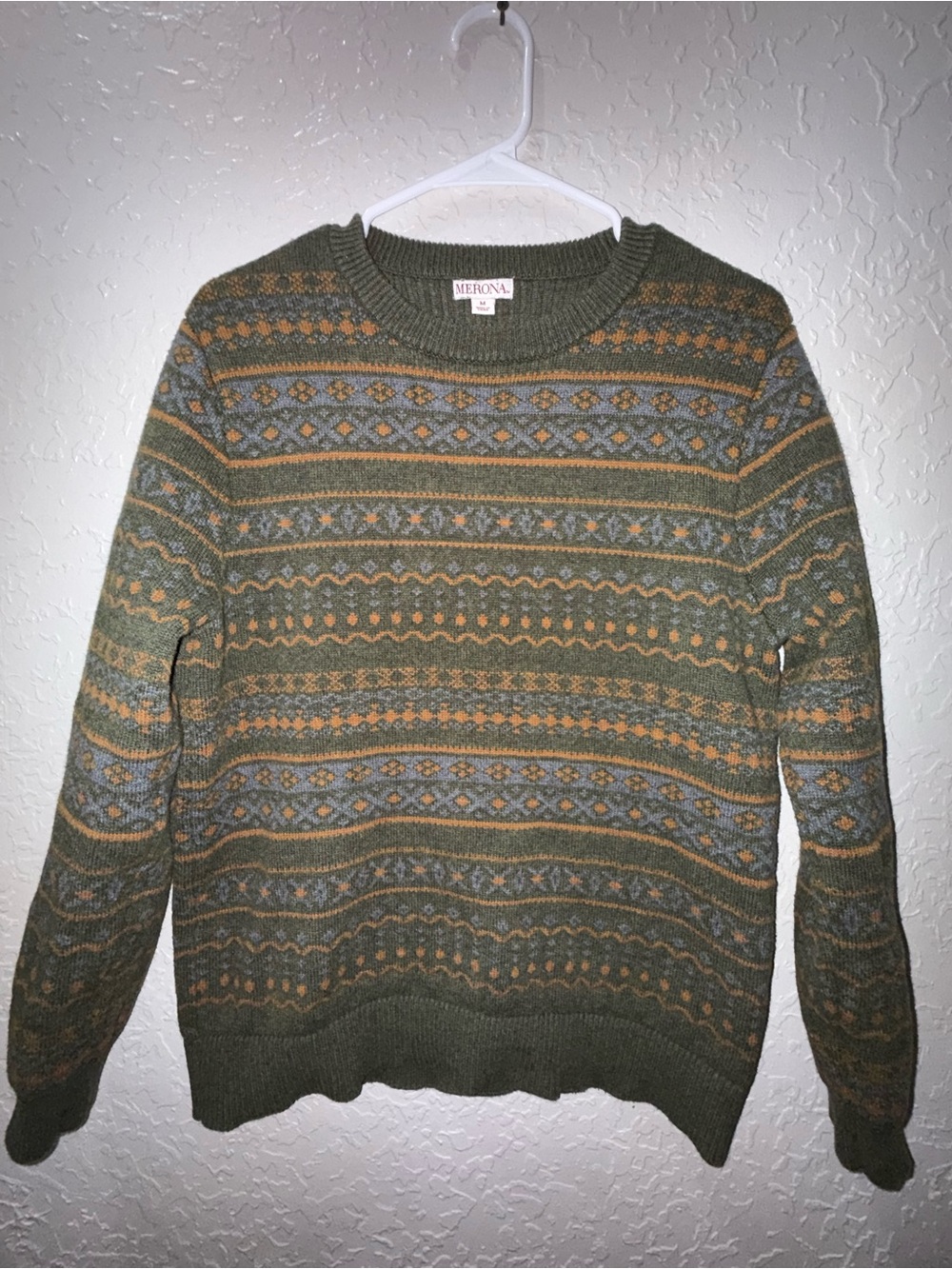 Merona Olive Fair Isle Crewneck Sweater with Tan & Gray Accents